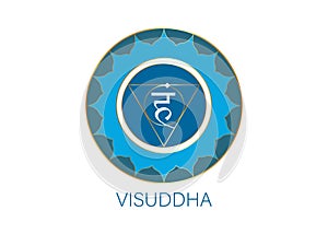 Fifth Throat chakra visuddha with the Hindu Sanskrit seed mantra Vam. Blue is a flat design style symbol for meditation, yoga sign