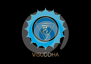 Fifth Throat chakra visuddha with the Hindu Sanskrit seed mantra Vam. Blue and gold flat design style symbol for meditation, yoga.