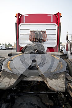 Fifth wheel of red big rig semi truck