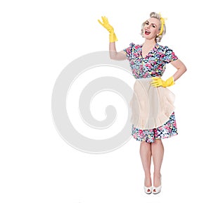 Fifties housewife indicating'special offer', humorous concept,