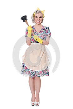 Fifties housewife with sink plunger, humorous concept, isolated