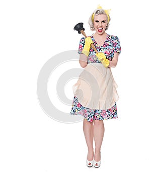 Fifties housewife with sink plunger, humorous concept, isolated