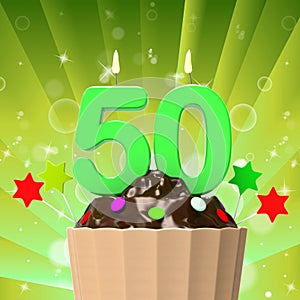 Fifty Candle On Cupcake Shows Fiftieth