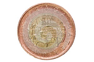 Fifty Czech crowns. The currency of Czech Republic. Macro photo of a coin. View of Prague with the Charles Bridge and Prague Castl