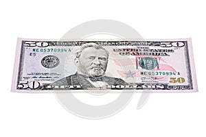 Fifty dollar banknote isolated on white background, stacked photo.