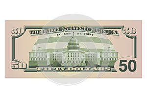 Fifty dollar bill. 50 US dollars banknote, back side. Vector illustration isolated on white background