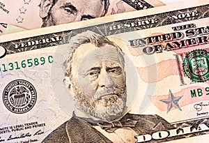 Fifty dollars note. President Grant portrait closeup. US money concept