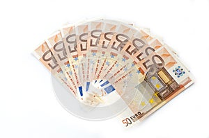 Fifty euro banknotes fan isolated on white background
