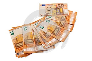 Fifty euro banknotes scattered in fan shape