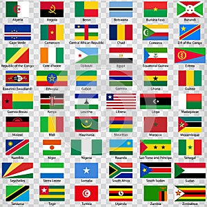 Fifty four flags of the countries of Africa. List of all flags African countries with inscriptions and original proportions on tra