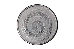 Fifty groszy. Polish zloty. The Currency Of Poland. Macro photo of a coin. Poland depicts a Fifty-Polish groszy coin.