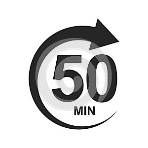 Fifty minutes icon with circle arrow. 50 min countdown sign. Stopwatch symbol. Sport or cooking timer isolated on white