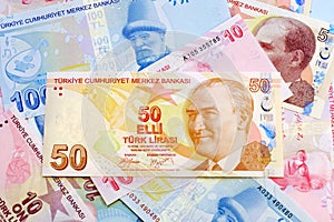 Fifty Turkish Liras 50 Turkish Lira over the other banknote paper bills
