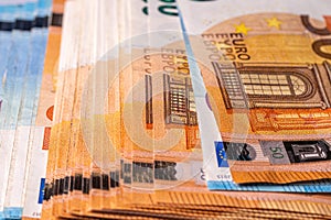 Fifty and twenty euro banknotes close-up. Cash background