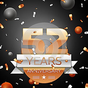 Fifty two years anniversary celebration background with silver ribbon confetti and circles. Anniversary ribbon. Vector