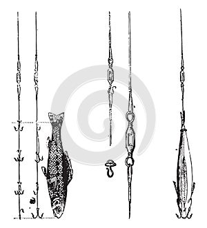 Fig 1 Fish bait and the two systems to kill the devil, Fig 2 Swivels diverse, Fig 3 Fishing ratchet has Troling, vintage engraving