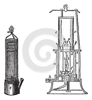 Fig 1.Davy safety lamp Fig 2. Safety lamp of Mackworth vintage engraving photo