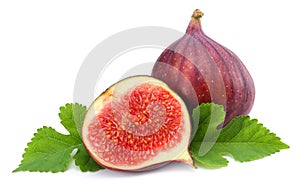 Fig fruit with green leaf isolated on white. Clipping Path