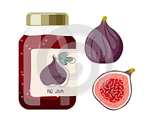 Fig jam in glass jar with label and fresh fig. Canned fig fruits. Jam in jars. Homemade preparations and canning. Fruit