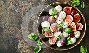 Fig and mozzarella salad in bowl on rustic background
