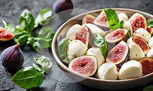 Fig and mozzarella salad in bowl on rustic background