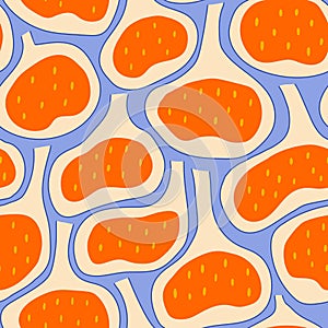 Fig seamless pattern. Trendy flat distorted summer fruits in red and blue print for kitchen fabric.