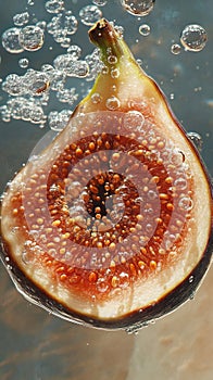 Fig slice in water with reflections and bubbles, macro bright lighting