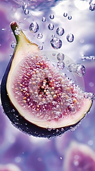 Fig slice in water with reflections and bubbles, macro bright lighting