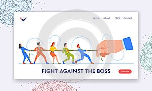 Fight against the Boss Landing Page Template. Business Characters Team Competes Against Huge Boss In Game Of Tug-of-war