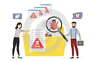 Fight against computer viruses, spam and scam. Cartoon office clerks or employees scan folders and documents for viruses