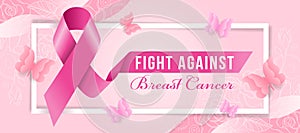 Fight against text on pink ribbon sign and Breast cancer text in white frame with butterfly around on soft pink background with