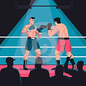 Fight on box ring. Cartoon muscular boxers boxing and wrestling on sparring arena, strong heavyweight fighter punching