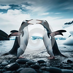 A fight breaks out between two Antarctic penguins