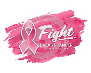 Fight breast cancer awareness month banner with pink ribbon sign on pink background Paint brush style