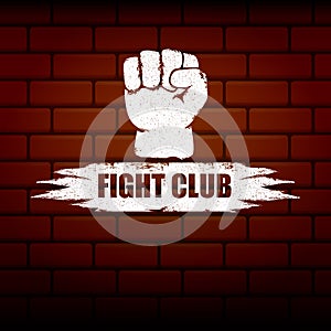 Fight club vector logo or label with grunge black man fist isolated on brick wall background. MMA Mixed martial arts