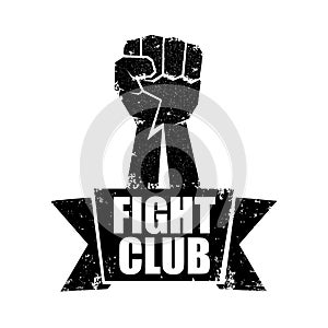 Fight club vector logo or label with grunge black man fist isolated on white background. MMA Mixed martial arts concept