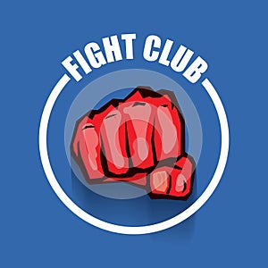 Fight club vector logo with red man fist isolated on blue background. MMA Mixed martial arts design template