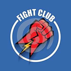 Fight club vector logo with red man fist isolated on blue background. MMA Mixed martial arts design template