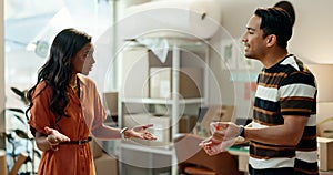 Fight, disaster and business people argue in office with poor performance, mistake or sale target fail. Anger, conflict