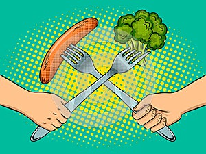 Fight on forks pop art vector illustration
