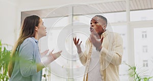 Fight, frustrated and couple shouting, angry and stressed in home, divorce or argument. Black man, woman or partners