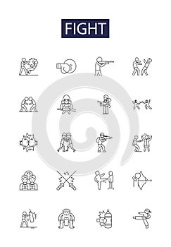 Fight line vector icons and signs. rival, contest, wrestle, brawl, battle, quarrel, clash, struggle outline vector