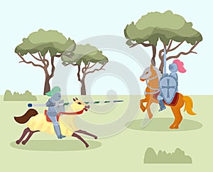 Fight of medieval knights vector illustration. Two men in knightly armor on horses, with spear, shield and sword