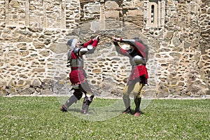 Fight Scene Between Two Brave Medieval Knights At Daylight