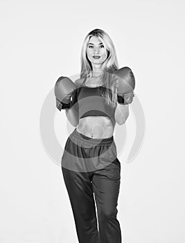 fight for success. knockout and energy. Sport success. Boxer girl workout, healthy fitness. Sport and sportswear fashion