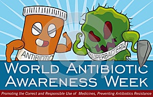 Fight Between Super Bacteria and Medicine in Antibiotic Awareness Day, Vector Illustration