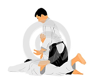 Fight between two aikido fighters symbol illustration. Sparring on training action. Self defense.