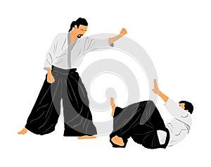 Fight between two aikido fighters symbol illustration. Sparring on training action. Self defense, defence