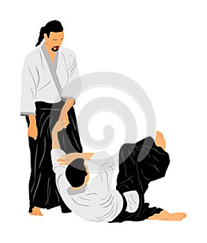 Fight between two aikido fighters symbol illustration. Sparring on training action. Self defense, defence art excercising.