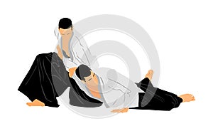 Fight between two aikido fighters symbol illustration. Sparring on training action. Self defense, defence